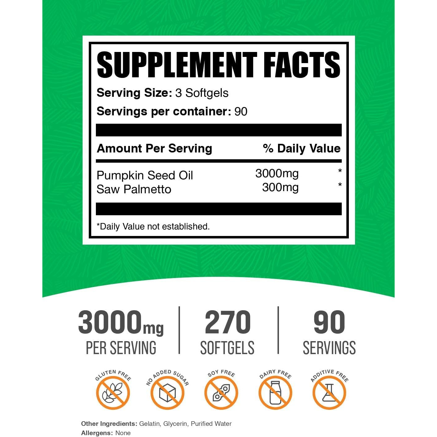 Bulksupplements.Com Pumpkin Seed Oil with Saw Palmetto Softgels - Pumpkin Seed Oil Supplement, Saw Palmetto for Men & Women - Gluten Free, 3 Softgels per Serving (3000Mg), 270 Count (Pack of 1)