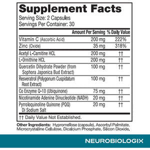 Neurobiologix Mito Cell PQQ Energy & Focus Supplement with Coq10, Vitamin C, NADH, Acetyl L Carnitine & Antioxidants for Cellular Health & Mitochondrial Support, Promotes Overall Wellness, 90 Capsules