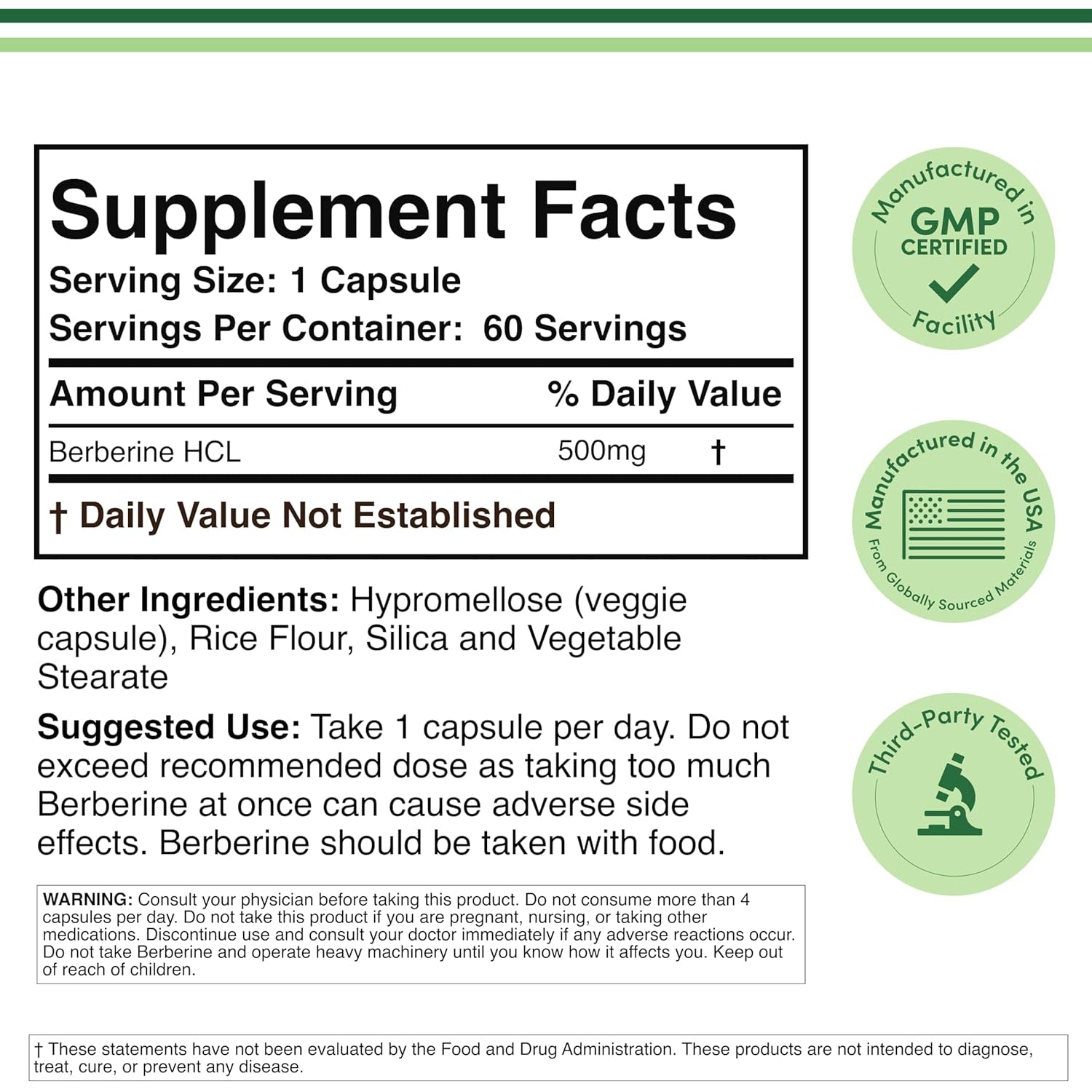 Berberine Supplement 500Mg, High Purity 97% Hcl, 60 Capsules (Third Party Tested, Non-Gmo, Gluten Free, Vegan Safe) AMPK Activator - Berberine HCL for Cardiovascular Health by Double Wood