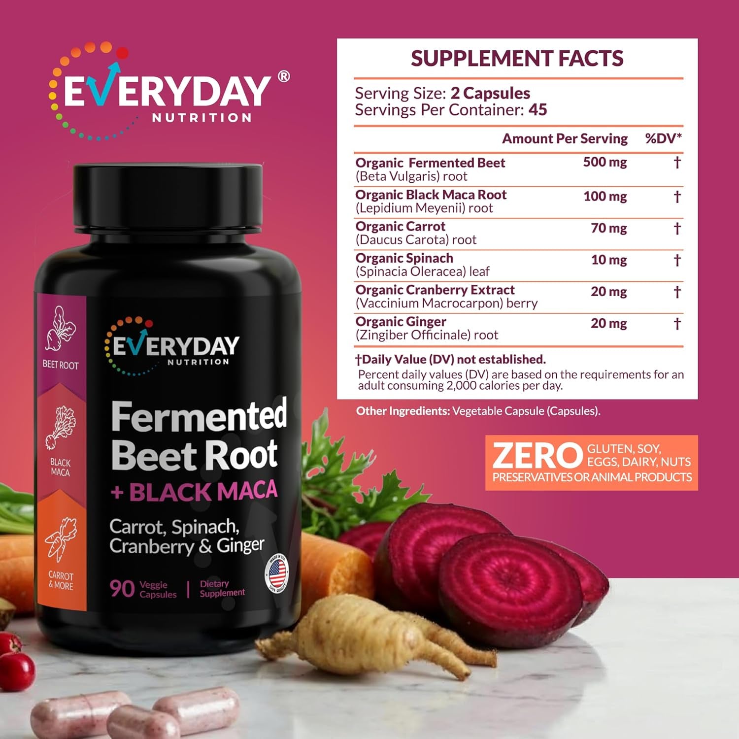 Organic Fermented Beet Root & Black Maca Capsules with Carrot, Spinach, Cranberry & Ginger | Superfood for Energy, Stamina & Wellness | 90 Veggie Capsules | Made in USA