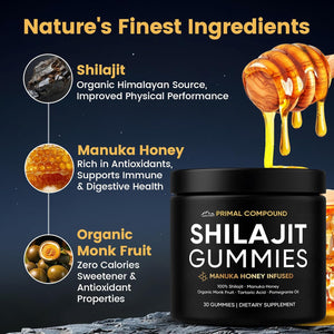 Primal Compound Shilajit Gummies for Men,With Manuka Honey, Organic Monk Fruit & Fulvic Acid, Shilajit Gummies Supplements, 30 Gummies