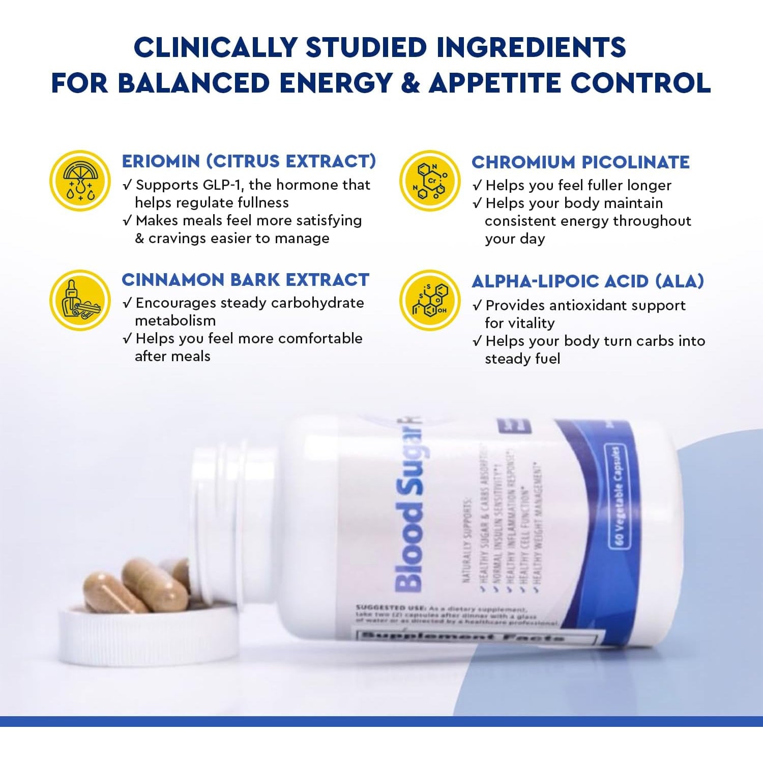 JJ Smith Blood Sugar Focus – Glucose Control Complex with Eriomin, Cinnamon Bark, Chromium Picolinate & Alpha Lipoic Acid – GLP-1 Supplement for Cravings, Sugar Control, Energy & Healthy Weight