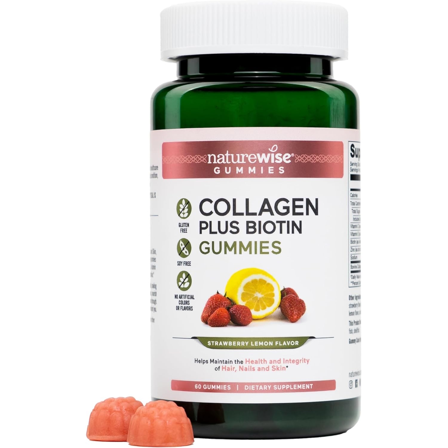 Naturewise Collagen Gummies - Hydrolyzed Collagen Gummies - Type 1 & 3 Peptides for Women + Biotin, Vitamin C, E, & Zinc for Hair Skin and Nails Support - 60 Count[1-Month Supply]