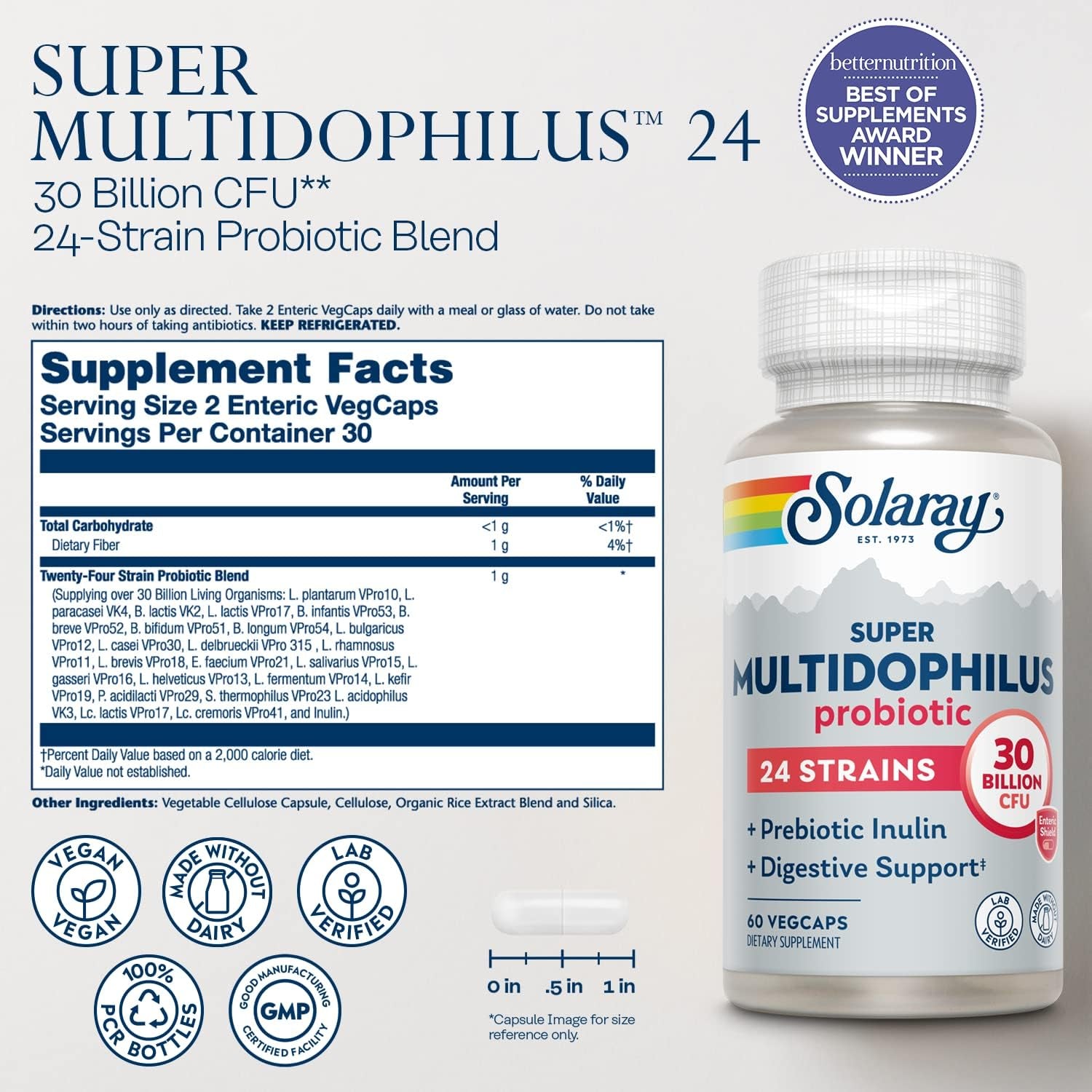 SOLARAY Multidophilus 24 Strain Probiotic 30 Billion CFU, Probiotics for Digestive Health for Women and Men, Daily Gut Health Support Complex with Prebiotic Inulin, No Dairy 60 Vegcaps