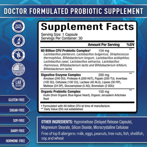 Purely Optimal Probiotics for Digestive Health, 60 Billion CFU – Delayed-Release with Digestive Enzymes & Organic Prebiotics – Bloating, Immune & Energy Support, 30 Caps