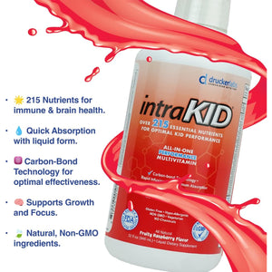 Drucker Labs Organic Liquid Multivitamin for Kids, Immune Support, Non GMO, Dairy Free, Gluten Free, Magnesium, Vitamin A,C,E, Zinc, (32 Oz., Fruity Raspberry)
