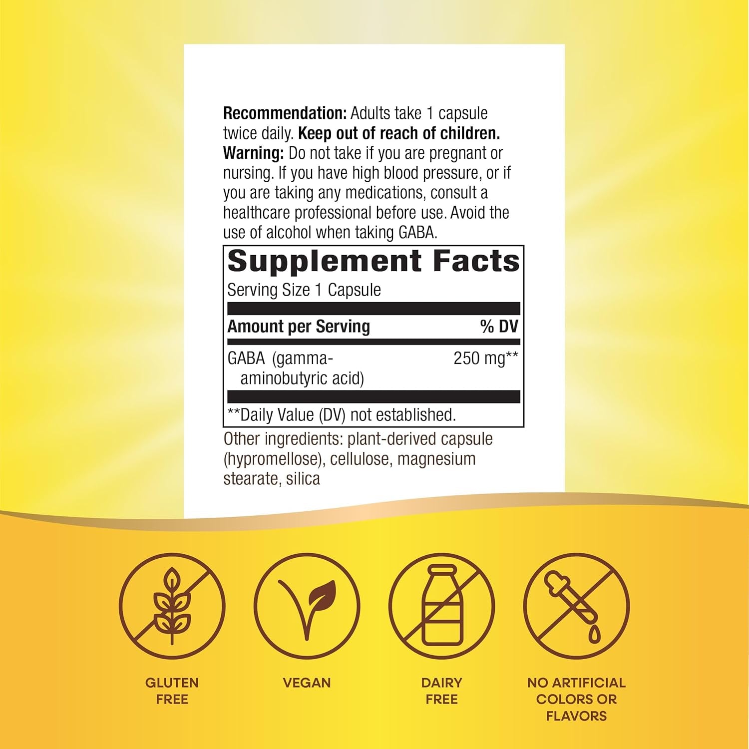 Nature'S Way GABA, Gamma-Aminobutyric Acid, Supports Brain Health*, 250 Mg per Serving, 60 Vegan Capsules (Packaging May Vary)