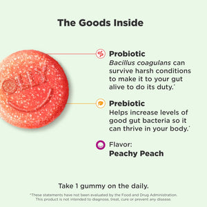 Olly, Probiotic + Prebiotic Gummy, 500 Million Cfus, Fos, Adult Chewable Supplement for Men and Women, Peach Flavored, 30 Day Supply, 30 Count