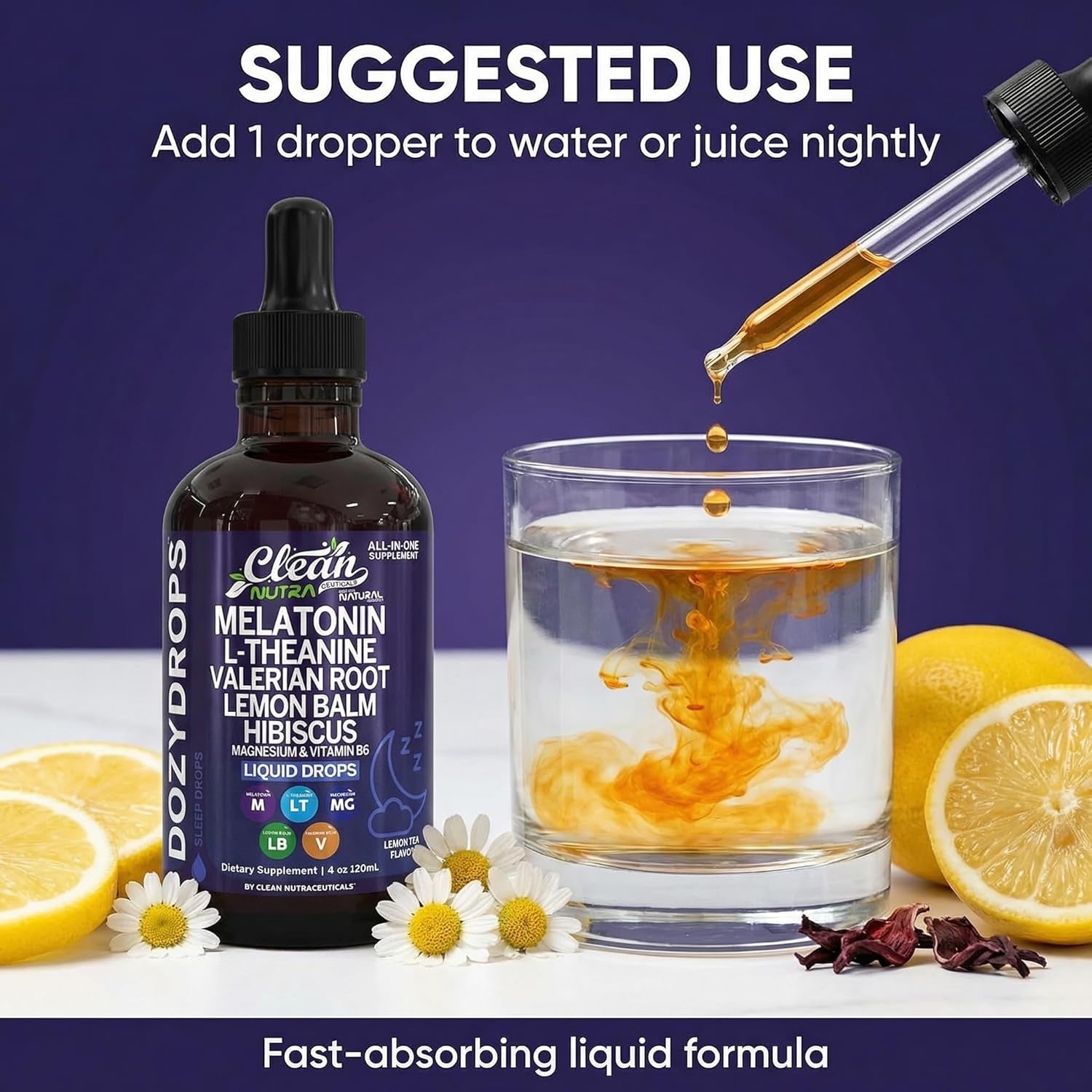 Clean Nutra Melatonin 10Mg Drops Magnesium Vitamin B6 L-Theanine Valerian Hibiscus Lemon Balm Supplement Liquid Sugar-Free Vegan Non-Gmo Natural Sleep Support Aid Lemon Tea Flavor 120Ml Formula