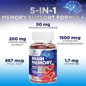 Brain Supplements for Memory & Focus Gummies - Brain Health Clarity with B6 B12 & Phosphatidylserine - Natural Nootropics Cognitive Concentration & Alertness Support Vitamins - 60 Vegan Gummies