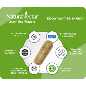 Naturanectar - Green Bee Propolis Capsules - NSF Contents Certified Brazilian Green Propolis - Gluten-Free Propolis Supplements with Flavonoids - Naturally Sourced through Ethical Beekeeping (60Pcs.)