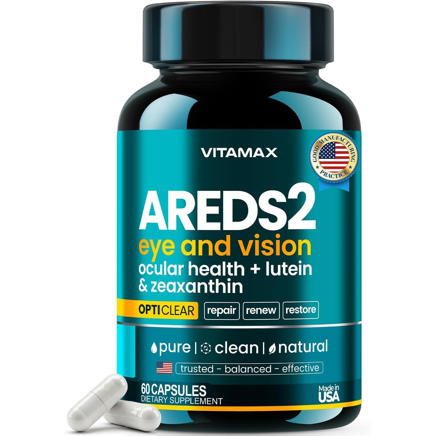 AREDS 2 Eye Vitamins - Lutein, Zeaxanthin, Bilberry, Astaxanthin Mineral Vision Supplement - Supports Eye Strain, Dry Eyes, Pressure, and Vision Health - Made in USA - 60Ct