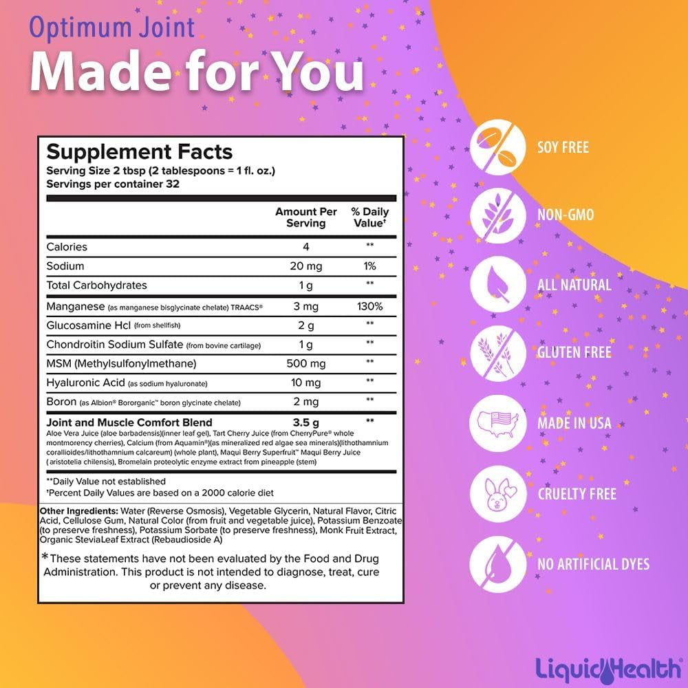 LIQUIDHEALTH Optimum Joint Support Supplement with Glucosamine, Chondroitin, MSM, Hyaluronic Acid - Triple Strength Liquid Vitamins, Gluten-Free, Dairy-Free, Soy-Free Joint Juice, Made in USA (32 Oz)