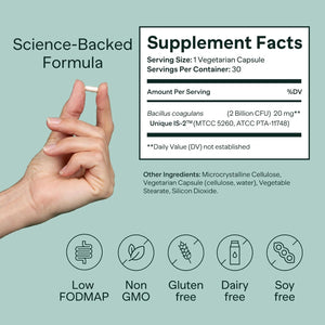 IB-ONE Probiotic - Clinically Studied Bacillus Coagulans Unique Is-2 Constipation & Bowel Movement Supplement - Low FODMAP, Gluten Free & 3Rd Party Verified - 30 Capsules