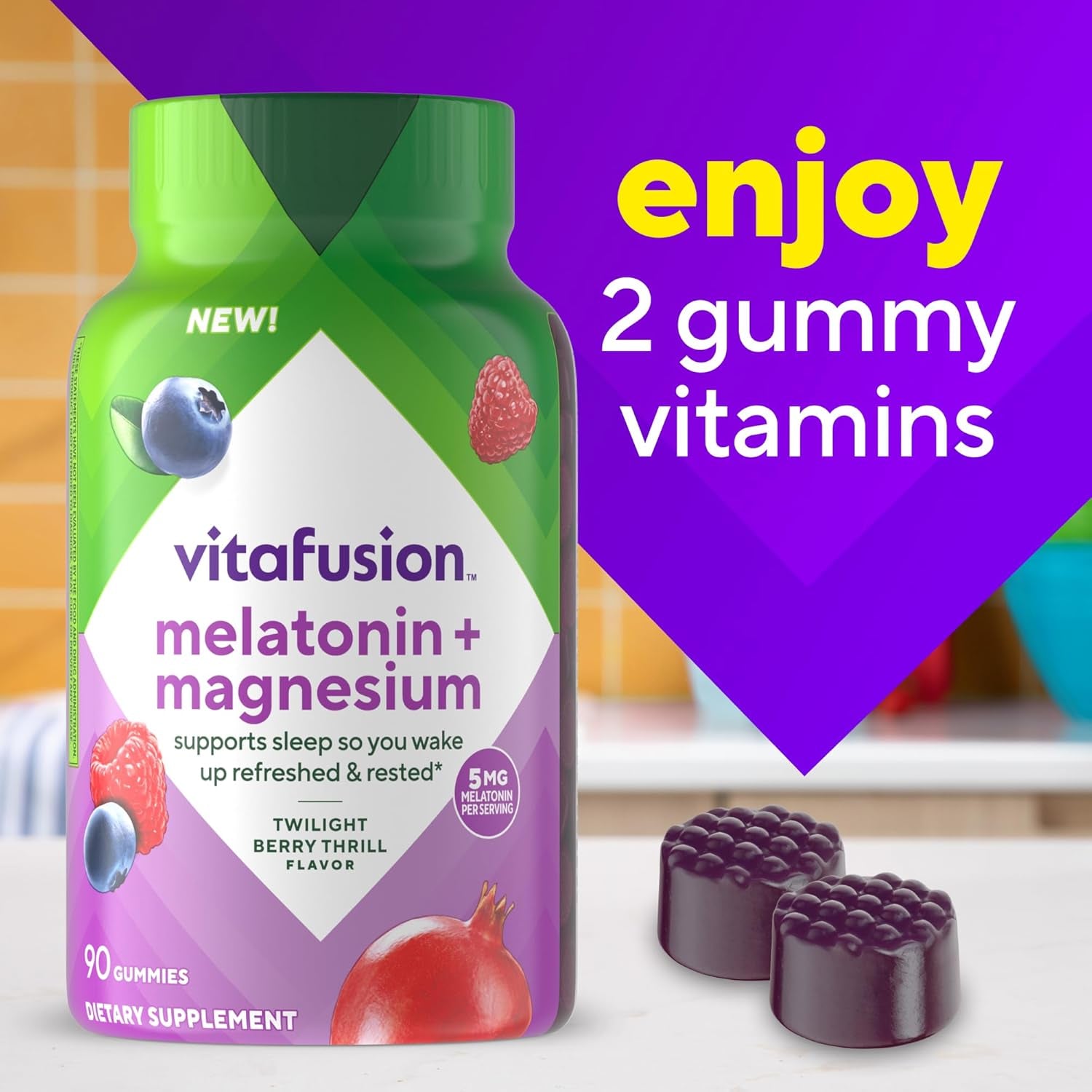 Vitafusion Melatonin Gummies | 5Mg | 90 Count | Gummy with Magnesium for Adults | Berry Flavor | Gluten and Dairy-Free Supplement