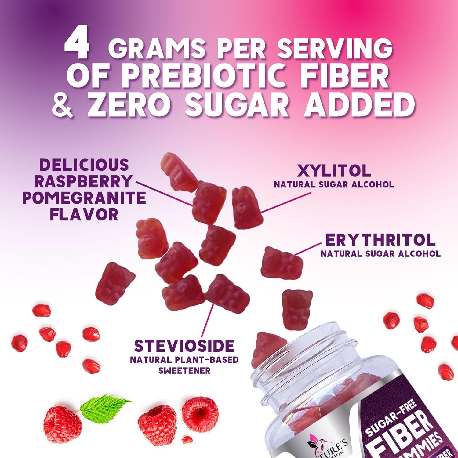 Fiber Gummies – Sugar Free Prebiotic Plant-Based Fiber 4G per Serving Supplement - Improved Soluble Formula Supports Digestive Health & Regularity - Non-Gmo, Natural Berry Flavor Chewable - 60 Gummies