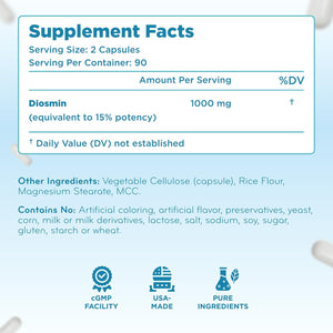 Diosmin 1000Mg Circulation and Vein Support Supplement - High Strength Diosmin Varicose Leg Vein Supplement - Vegan Non-Gmo & Gluten Free - Formulated in American Cgmp Lab (90 Servings)