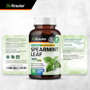 BIO KRAUTER® Spearmint Capsules for Skin Support - Vegan & Pure Spearmint Supplement 1000 Mg - Used for Women’S Wellness & Digestive Support - No Fillers, Non-Gmo - 50 Days of Supply, 100 Capsules