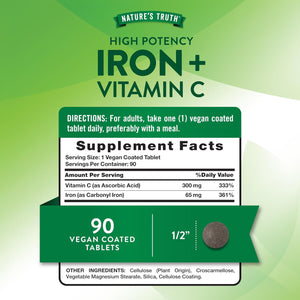 Nature'S Truth Iron plus Vitamin C Tablets | 65Mg of Iron | 90 Count | High Potency | Vegan, Non-Gmo & Gluten Free Supplement