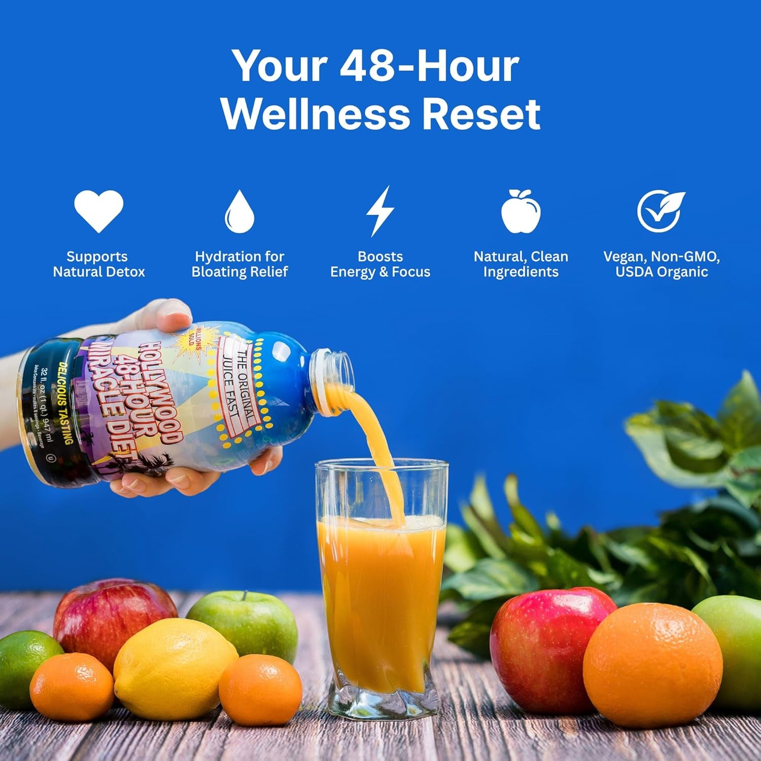 Hollywood Diet 48 Hour Detox Cleanse Drink 1 Pack, B-Vitamin Infused Juice for Body Reset, Hydration, and Energy | Ideal for Intermittent Fasting, Bloating Support, Event Prep - Fruity Flavor, 32 Oz