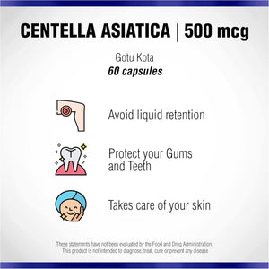 Centella Asiatica 500 Mg 60 Capsules by Natural Systems - Gotu Kola Herb Moisturizer for Your Skin - Extract Also Beneficial for Calming Mind Tiredness