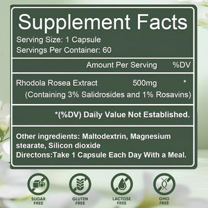 Floraviva Rhodiola Rosea Capsules | 500Mg Rhodiola Rosea Extract Supplement for Stress Support, Mental Focus & Energy, Immune Function, Non-Gmo, 60 Capsules