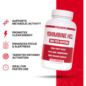 Huge Supplements Yohimbine Hcl 5Mg, Third Party Tested, Fat Loss & Energy Support, Advanced Performance Formula for Body Recomposition - 270 Veg Capsules