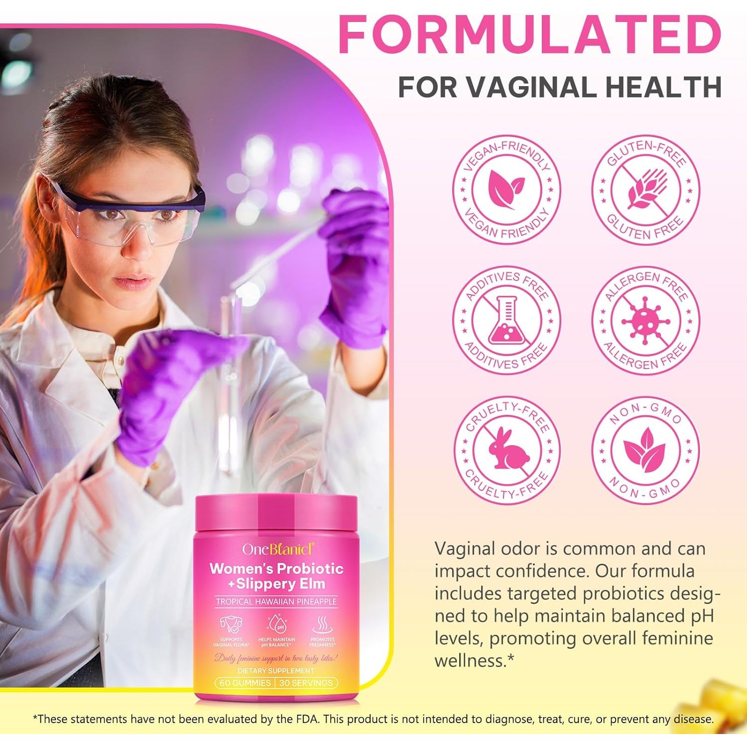 Feminine Probiotics Gummies,Vaginal Women Probiotic,Feminine Balance Ph Gummies for Healthy Odor,Improve Immune,Support Vaginal Health,With Slippery Elm(60 Gummies)