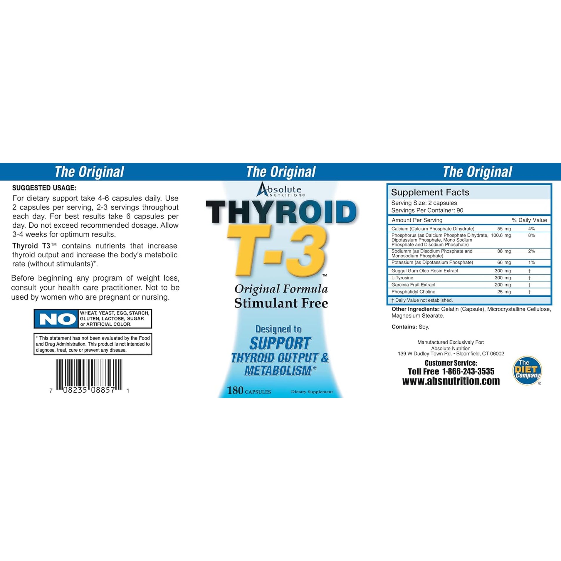Absolute Nutrition Thyroid T-3 Radical Metabolic Booster, Energy & Focus Unflavored Thyroid Support Formula Capsules, Natural Metabolism Booster, Support Healthy Thyroid Function, 180 Capsules