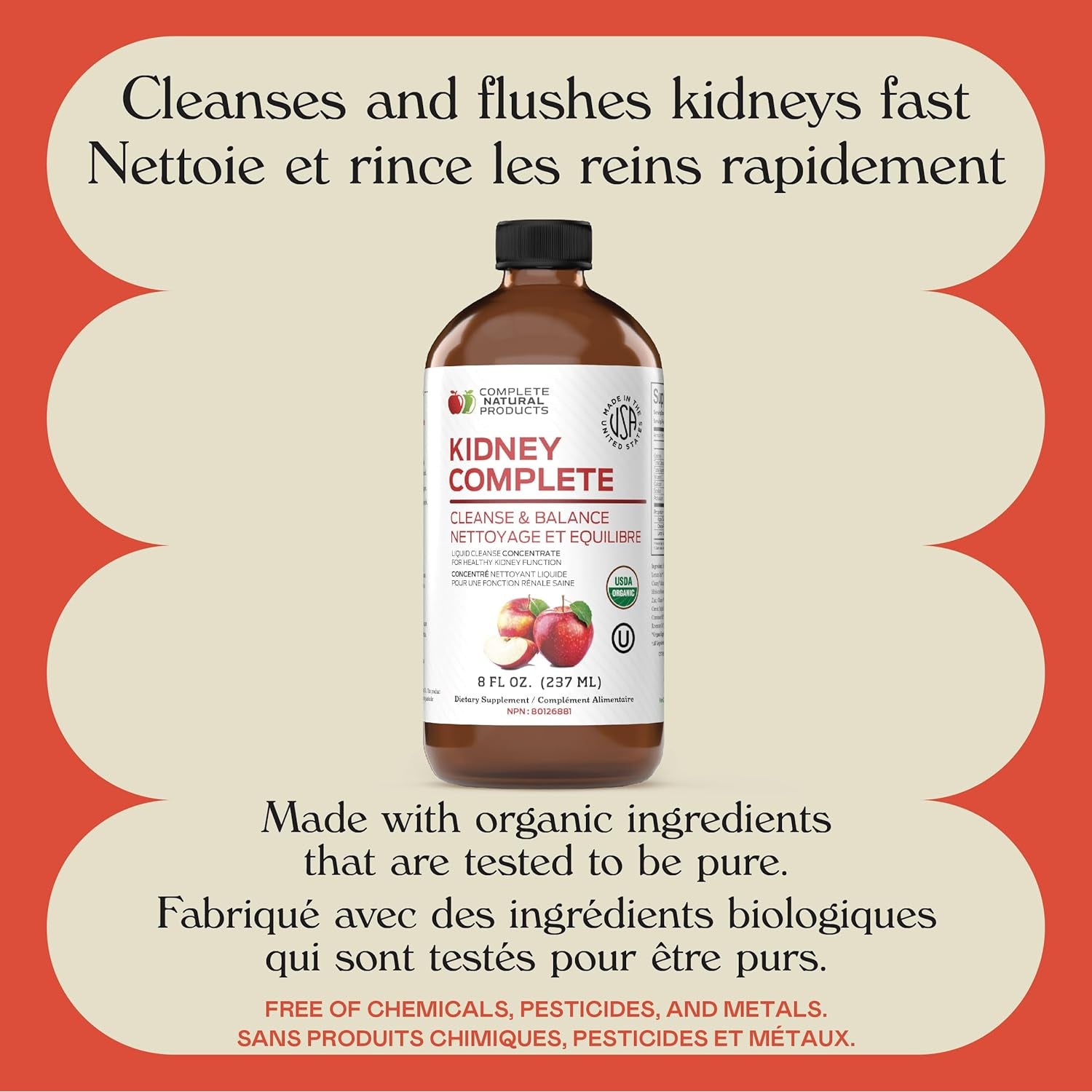 Complete Natural Products Kidney Complete - 8Oz Organic Liquid for Kidney Support, Cleanse, and Detox with Apple Cider Vinegar, Lemon, & Organic Chanca Piedra.