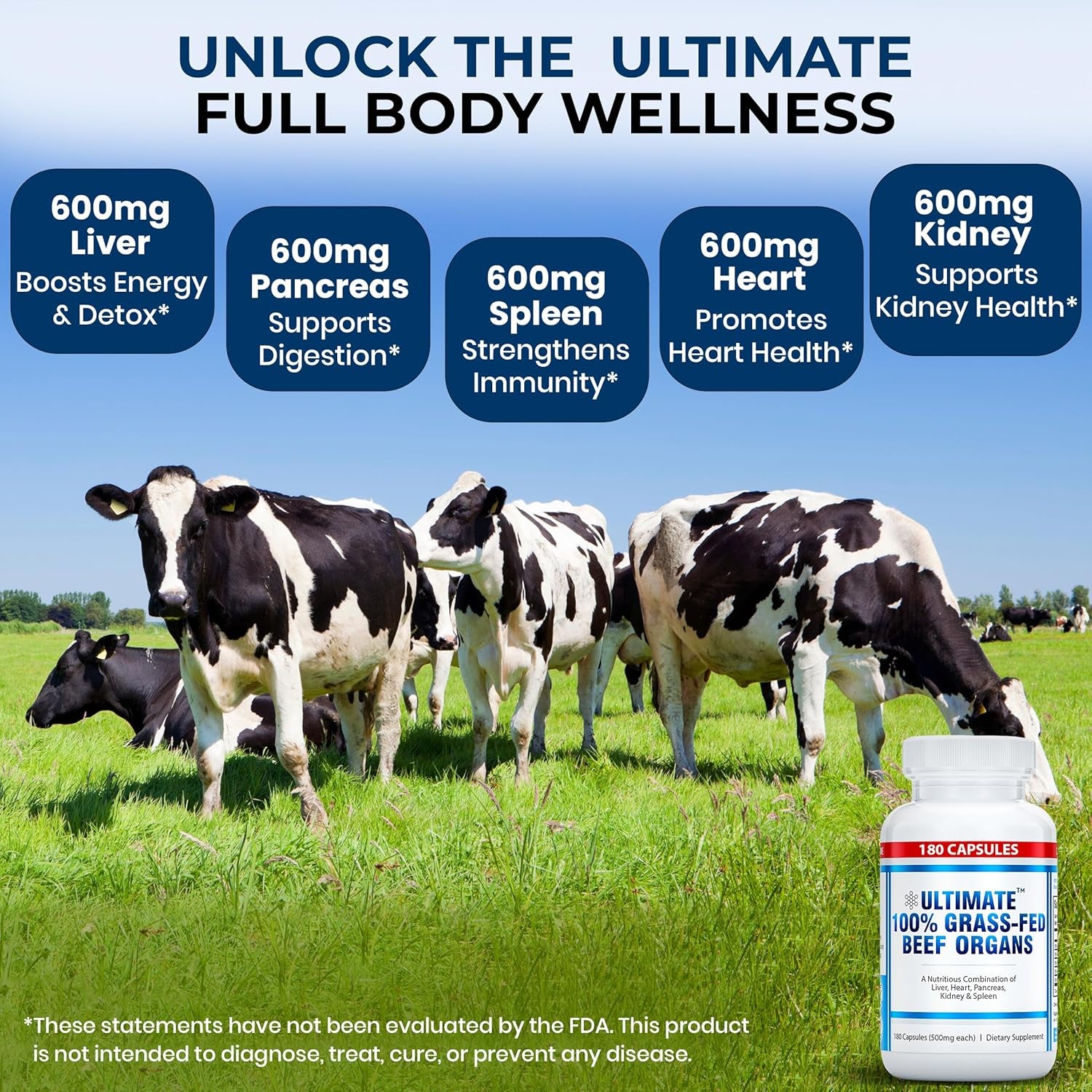 Ultimate 100% Grass Fed Beef Organs Supplement Supports Energy & Whole Body Wellness* with a Complex of Desiccated Beef Liver, Heart, Kidney, Pancreas & Spleen. Pesticide Free & Non-Gmo, 180 Capsules