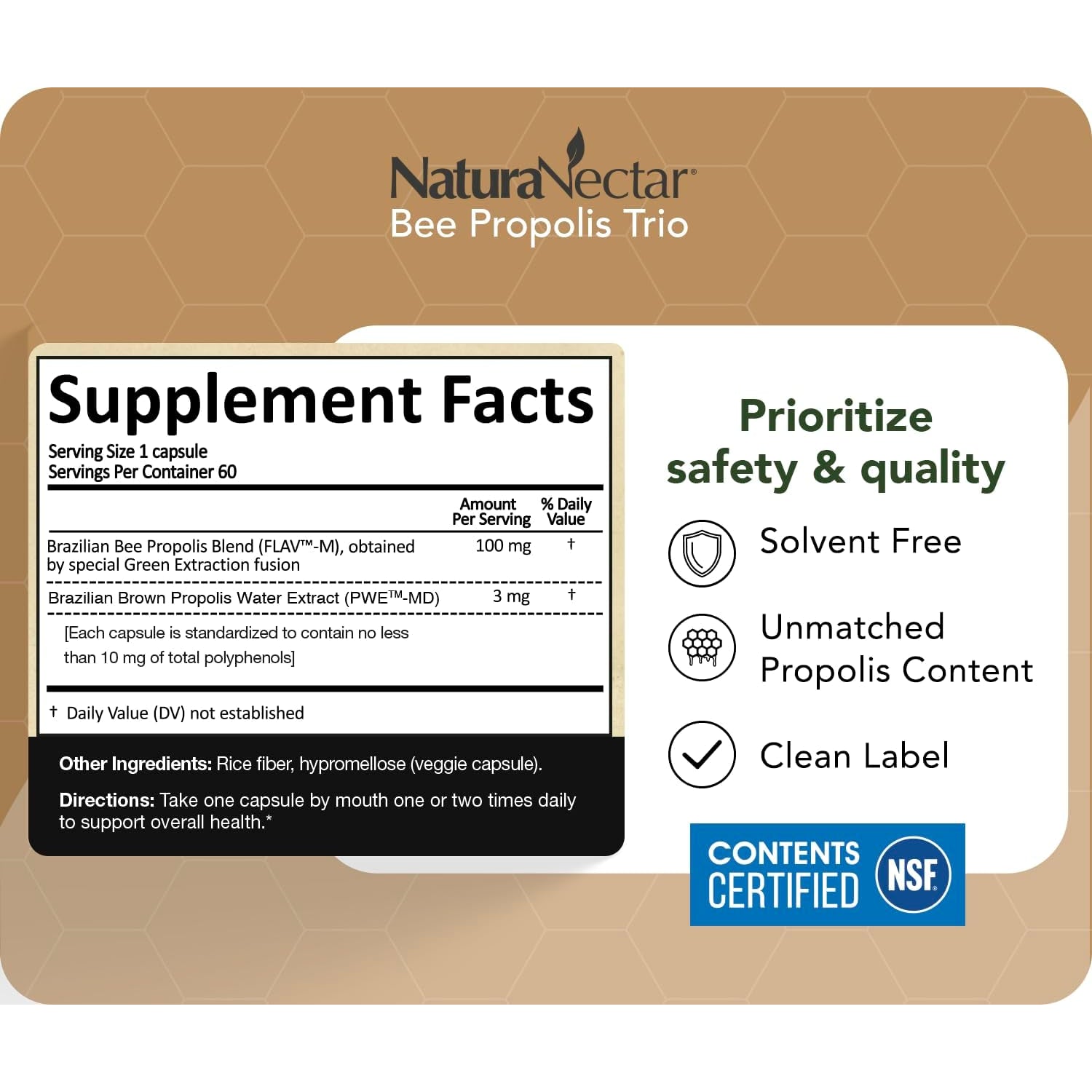 Naturanectar - Bee Propolis Trio Capsules, NSF Certified Premium Brazilian Propolis - Gluten-Free Supplements with More Diverse Flavonoids & PWE - Naturally Sourced through Ethical Beekeeping (60Pcs.)