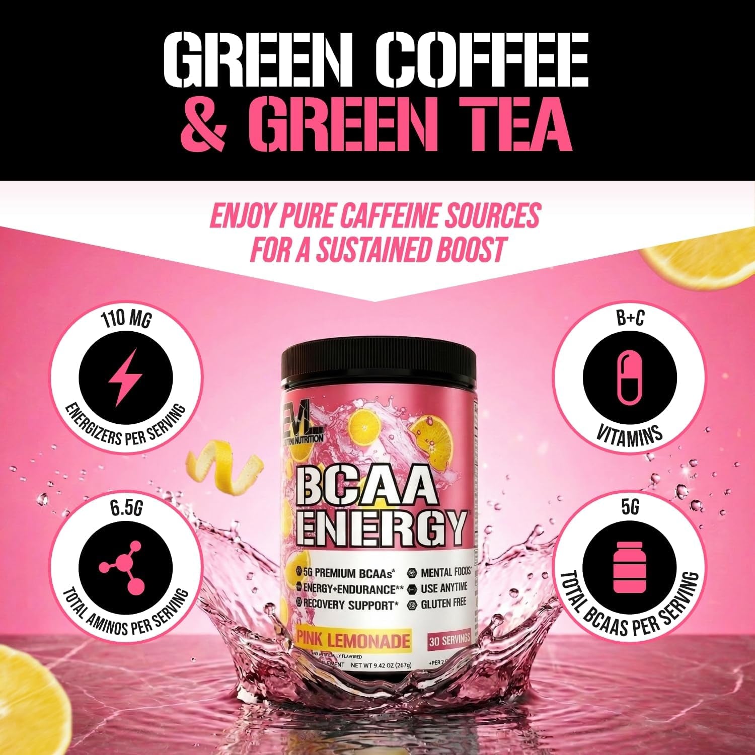 Evlution EVL Bcaas Amino Acids Powder - BCAA Energy Pre Workout Powder for Muscle Recovery Lean Growth and Endurance - Rehydrating Post Workout Recovery Drink with Natural Caffeine - Pink Lemonade