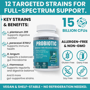 Balance ONE Time Release Probiotic – 15 Billion CFU – 12 Strains Including L. Plantarum – 15X More Survival than Capsules – Bloating & Gas Relief – Gut & Digestive Health for Women & Men – 60 Tablets