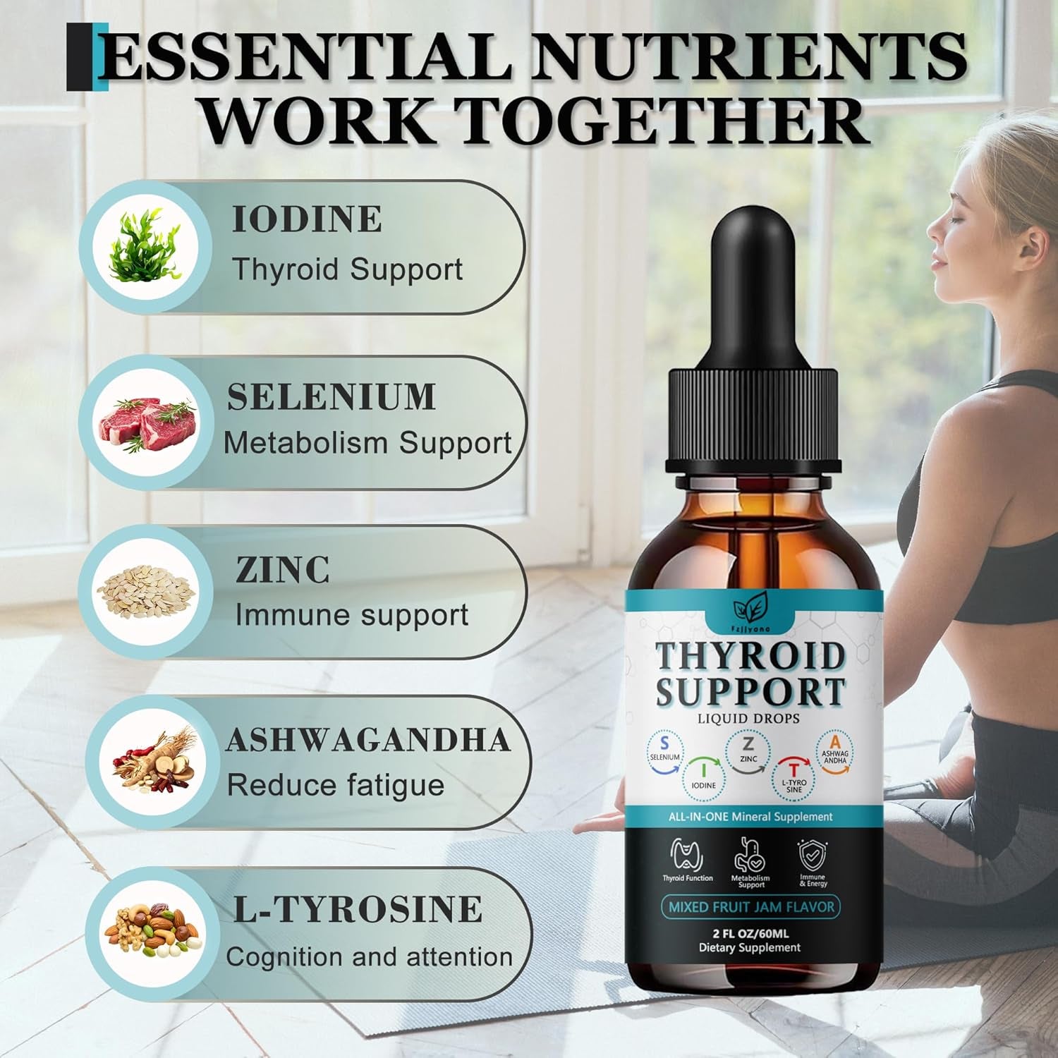 Thyroid Support for Women & Men Liquid Drops.Thyroid Supplement Drops with Selenium Zinc Iodine L-Tyrosine Ashwagandha for Energy & Metabolism Support, Hormone Balance,Vegan，Additives Free - 2 Fl. Oz