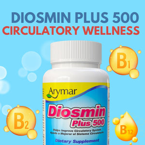 Arymar Diosmin 500Mg with Vitamin B-Complex: Circulatory Formula for Leg Vein Integrity and Normal Blood Flow, Vascular Health and Microcirculation, 60 Capsules