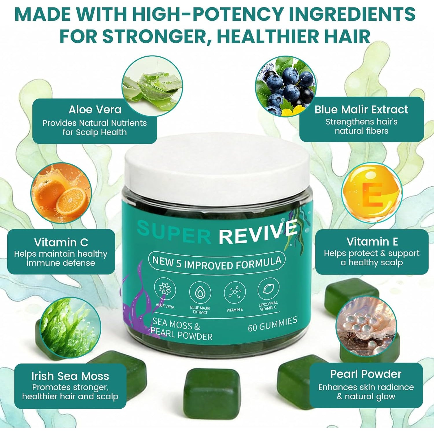 Super Revive Gummies for Hair Loss - Sea Moss Gummies with Vitamin C, E, Aloe Vera & Pearl Powder Glow, Promotes Thicker, Fuller & Stronger Hair - 60 Count