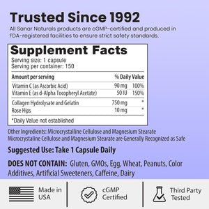Sanar Naturals Collagen Pills for Hair, Skin, Nails, & Joints | Hydrolyzed Collagen Peptides Supplement with Vitamin C & E | Collagen Capsules for Women & Men, GLP-1 Support, Grass Fed, 150 Capsules
