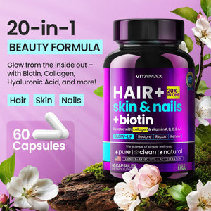 Biotin | Collagen | Keratin Booster with Hyaluronic Acid - Thicker Hair Growth, Healthy Skin & Stronger Nails Supplement – Extra Strength - Multi Vitamin B Complex - Women & Men - Made in USA - 60Ct