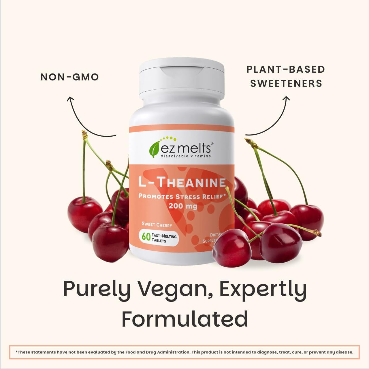 EZ Melts L-Theanine 200 Mg - Stress & Relaxation Support Supplement - No Artificial Flavors - No Drowsiness - Non-Gmo & Vegan - Sweet Cherry - 60 Dissolvable Tablets (30 Servings)