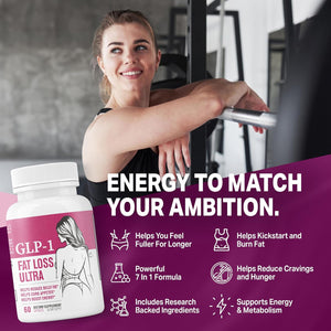 GLP-1 Fat Loss Ultra - Weight Loss Pills, Appetite Suppressant & Fat Burner for Women | Supports Healthy Pathways Associated with GLP-1 Activity | 3Rd Party Tested Supplement - 60 Capsules for Adults