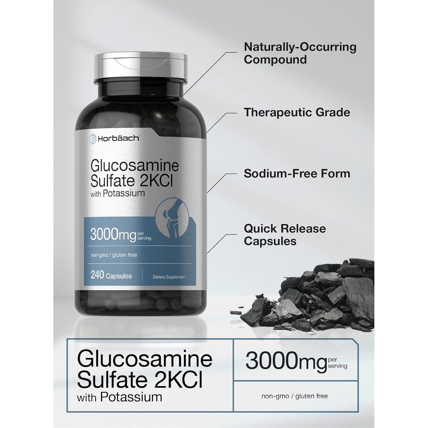 Horbäach Glucosamine Sulfate 2KCI with Potassium | 3000Mg | 240 Capsules | Non-Gmo and Gluten Free Supplement