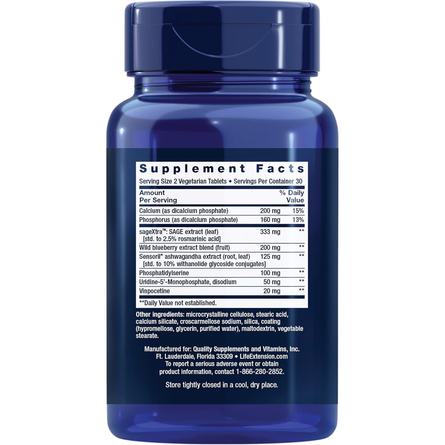 Life Extension Cognitex® Elite, Sage, Blueberry, Ashwagandha, Phosphatidylserine, Vinpocetine, Attention, Focus, Mood & Memory, Gluten-Free, Non-Gmo, Vegetarian, 60 Tablets