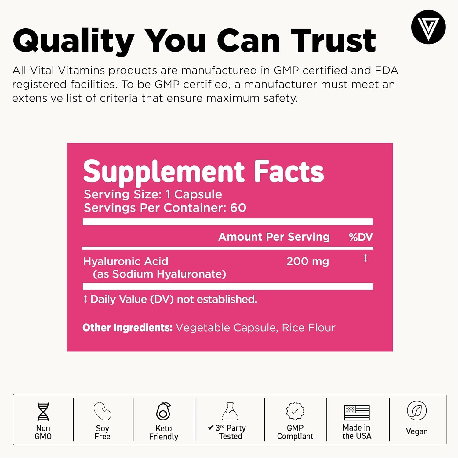 Vital Vitamins Hyaluronic Acid Supplements - Made with 200Mg of Low Molecular Weight Hyaluronic Acid - Supports Skin Hydration & Elasticity from within - 60 Capsules, 60 Servings