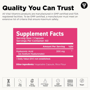 Vital Vitamins Hyaluronic Acid Supplements - Made with 200Mg of Low Molecular Weight Hyaluronic Acid - Supports Skin Hydration & Elasticity from within - 60 Capsules, 60 Servings