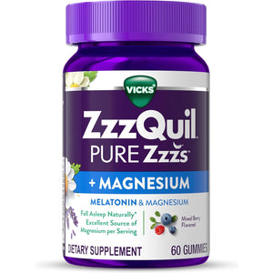 Zzzquil Pure Zzzs + Magnesium, Sleep Aid, Magnesium Citrate and Melatonin Gummies, Melatonin 2Mg, Sleep Aids for Adults, Mixed Berry Flavored, 60 Sleep Gummies