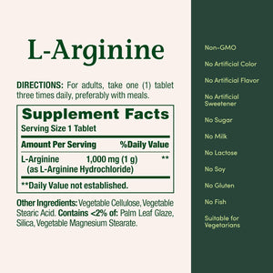 Nature’S Bounty L-Arginine 1000Mg for Supporting Blood Flow and Vascular Function – Non-Gmo, Gluten Free, 50 Tablets