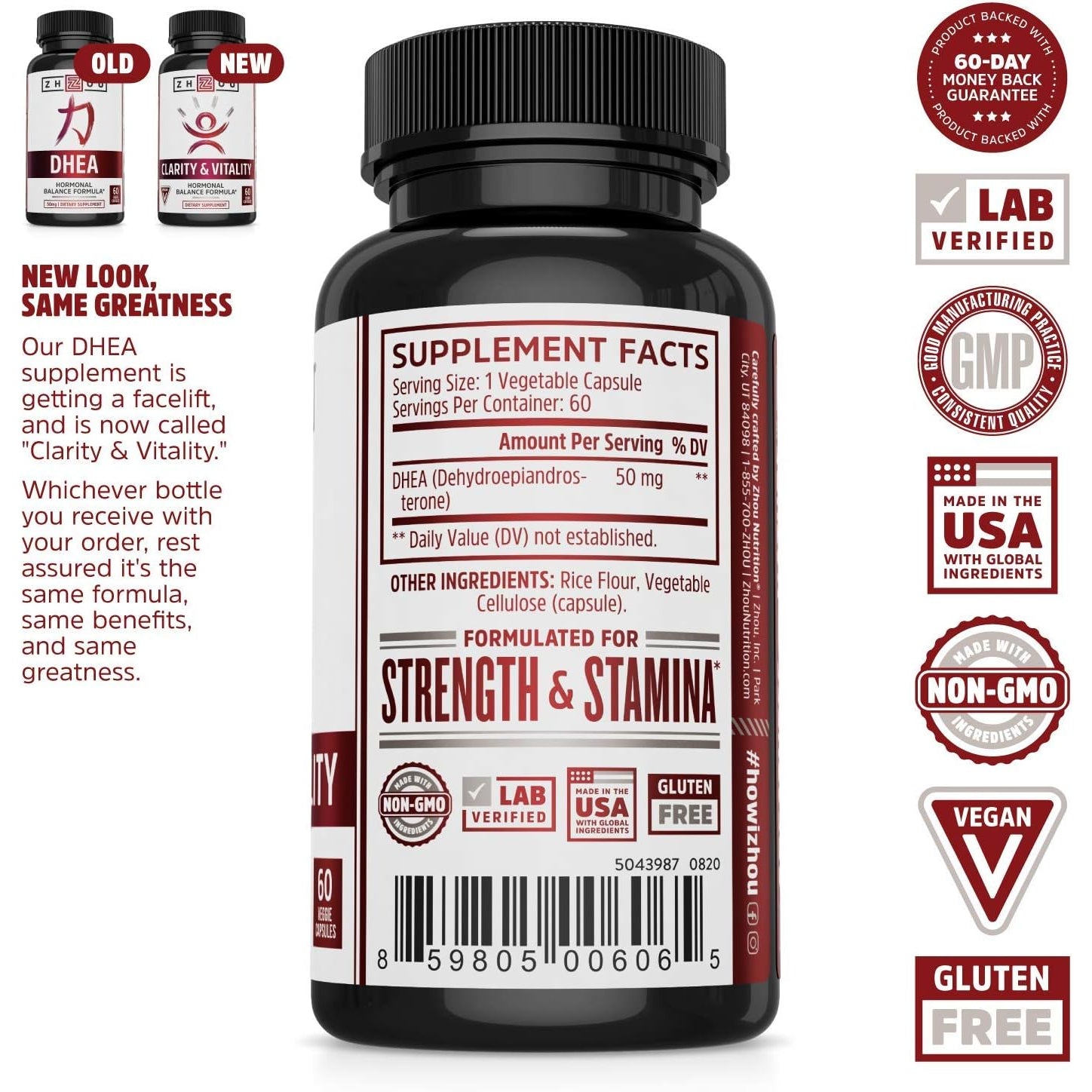 ZHOU Clarity & Vitality - DHEA Supplement for Women and Men, 50Mg Pure DHEA for Hormonal Balance, Healthy Aging Support, Vegan - 60 Veggie Capsules (Pack of 1)