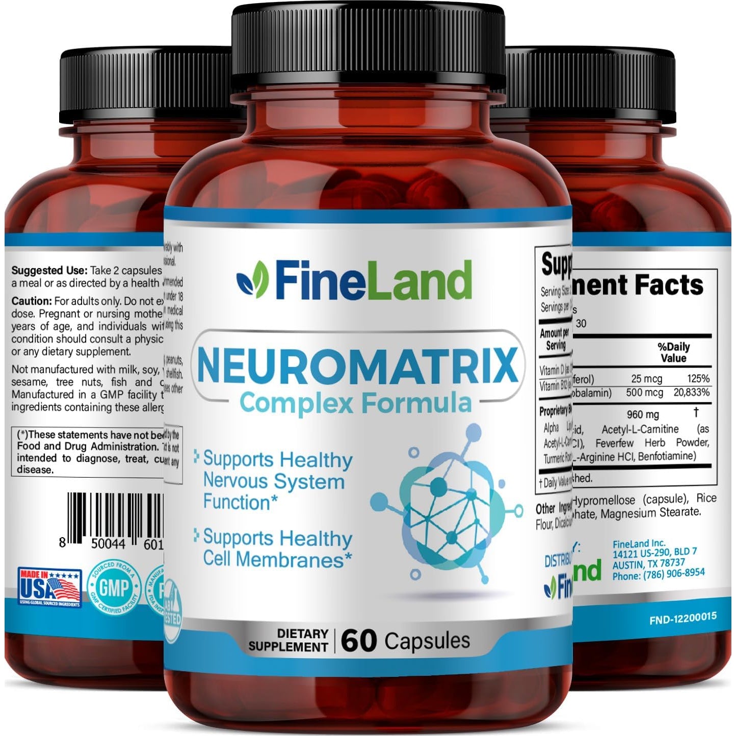 Fineland NEUROMATRIX Complex Formula, Advanced Cognitive and Nerve Support Supplement, High Potency Vitamin B12, Alpha Lipoic Acid and Acetyl-L-Carnitine, 60 Capsules