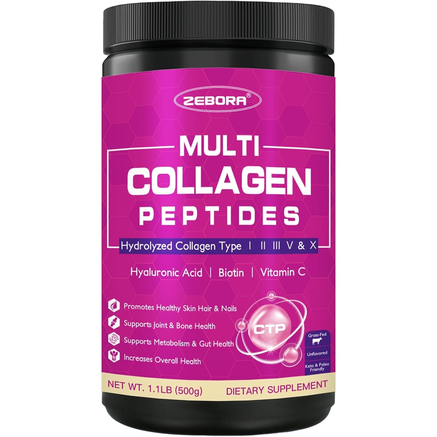 ZEBORA Collagen Peptides Powder 50 Servings - Hydrolyzed Multi Collagen Type I II III V X with Hyaluronic Acid, Biotin, Vitamin C - Support Skin Hair Nail Joints Unflavored, Keto & Paleo Friendly